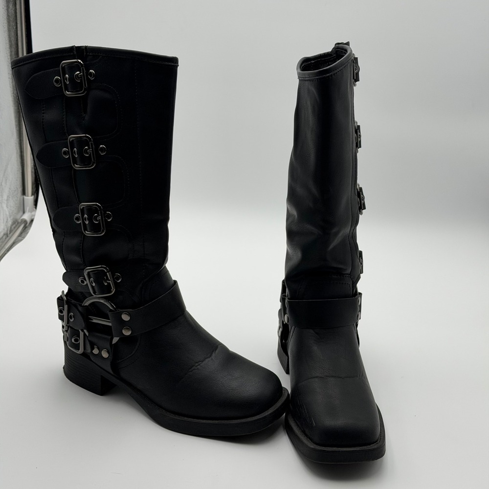 Y2K Womens 9 Black Knee High Moto Boots Buckle Biker Grunge Whimsigoth